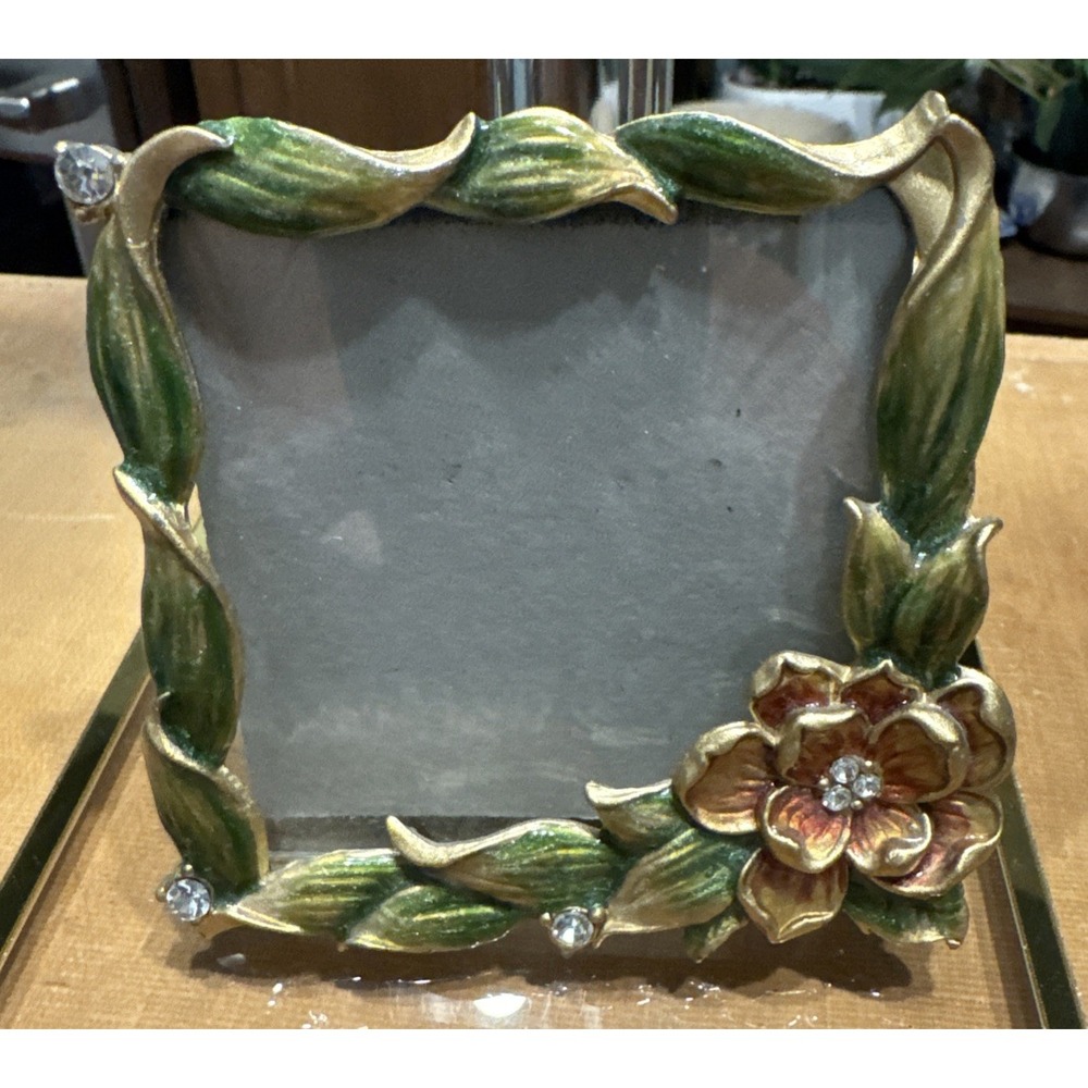 Green Enamel Floral Flowers Rhinestones Frame 4x4" Photo 3 X 3